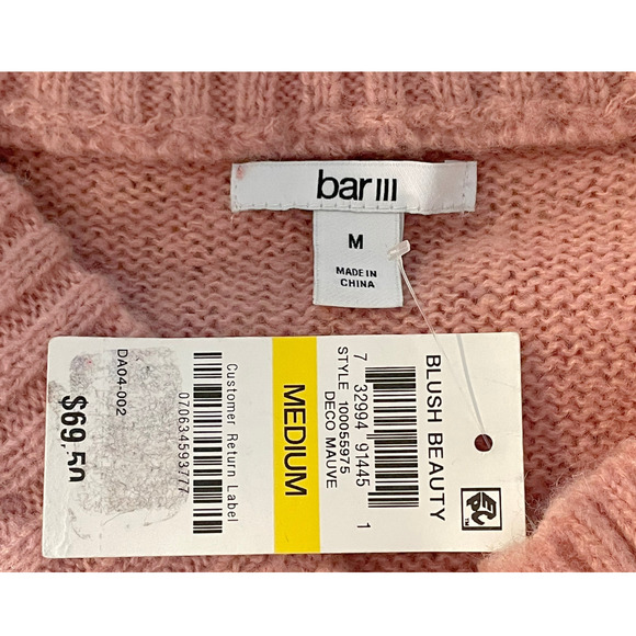 3-FOR-$30 Bar III Sz M Slouchy Sweater Deep V-Neck Pullover Knit Wool Pink New - Picture 10 of 10